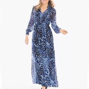 BRAND NEW Chicos 1 Mosaic Peasant Semi Sheer Maxi Dress Blue/White Size 1 /US 8
